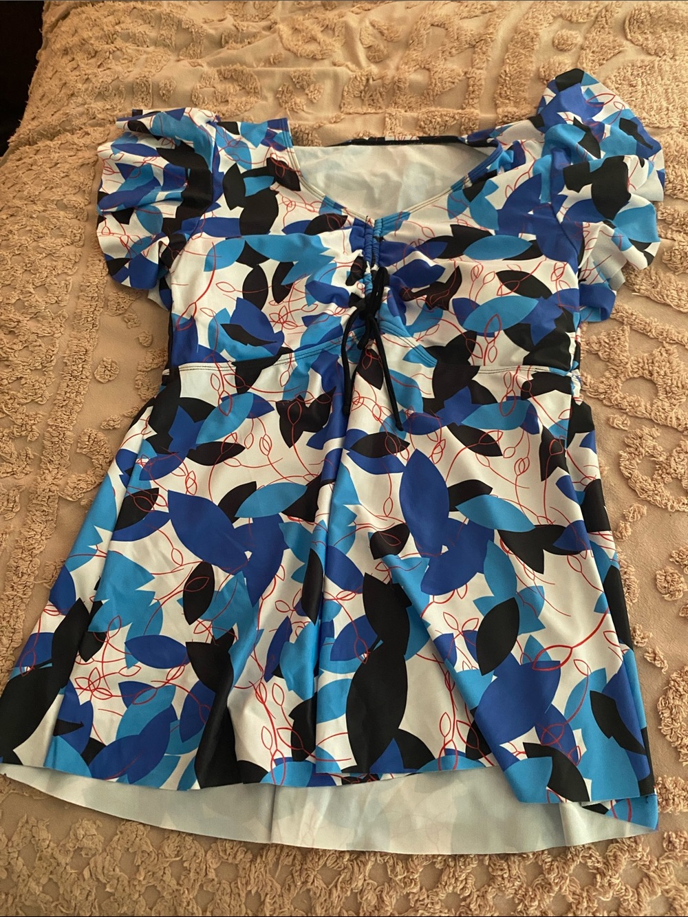 Women’s Blue Floral Print Short Sleeve Bathing Suit